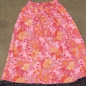 XiRENA Pink Floral Elastic-Waist Midi Skirt with Orange Accents